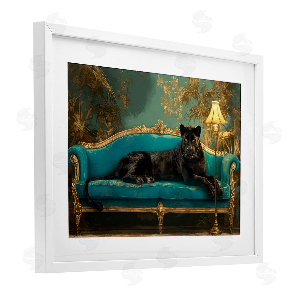 Tina LeCour Exotic Lounging Panther White Framed Print Under Glass with Mat Wall Art