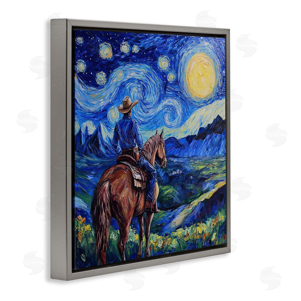 Tina LeCour Starry Night Cowboy Gray Floating Frame Canvas Wall Art Print