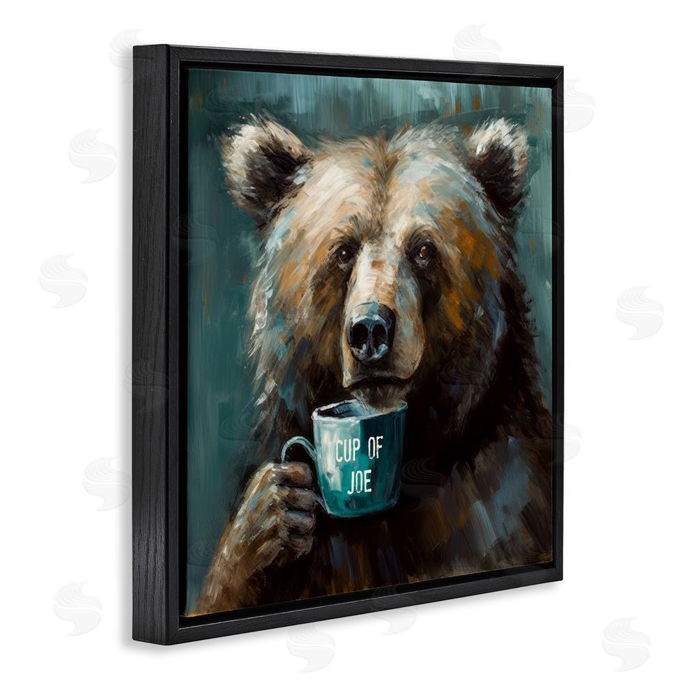 Tina LeCour Bear with Cup Of Joe Black Floating Frame Canvas Wall Art Print