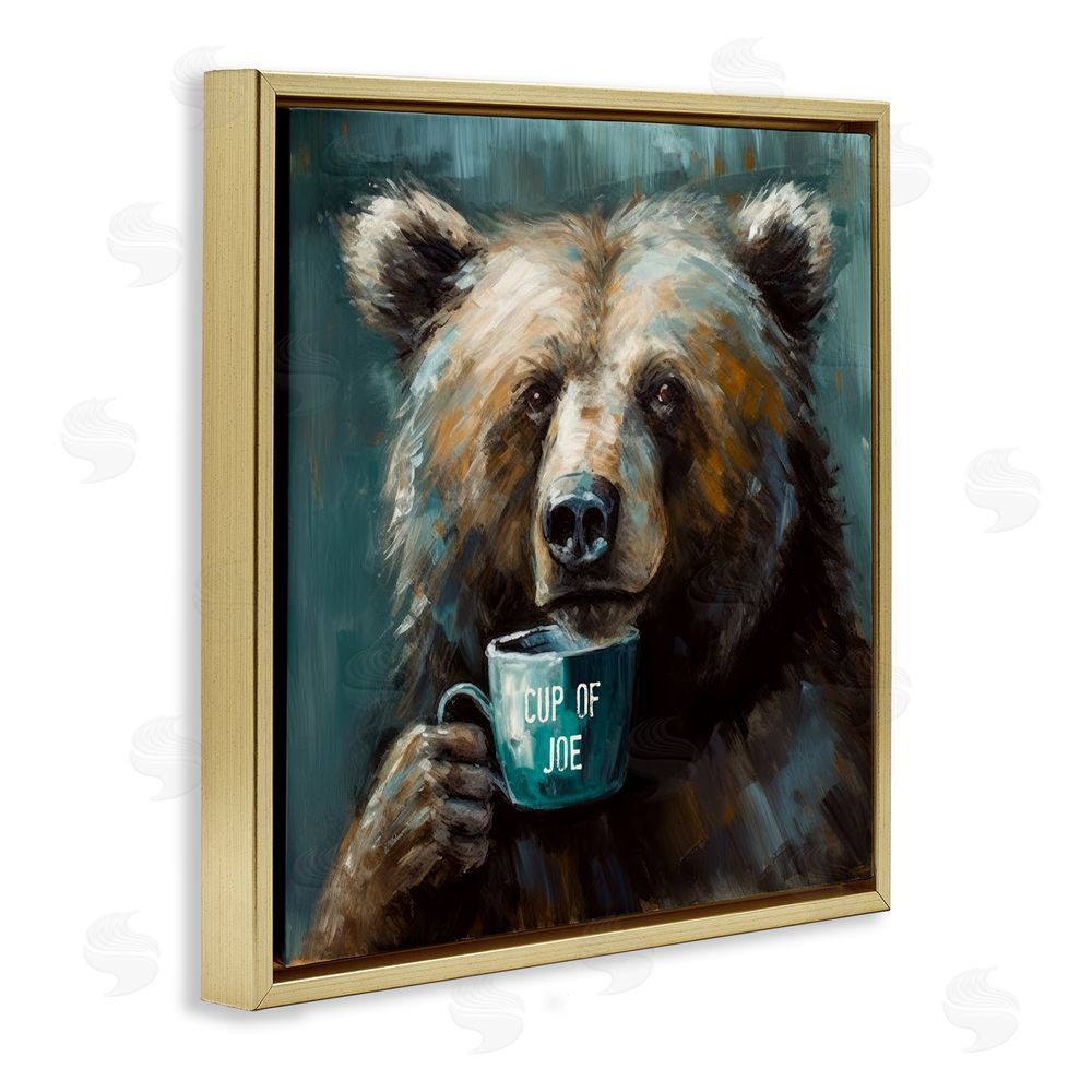 Tina LeCour Bear with Cup Of Joe Gold Floating Frame Canvas Wall Art Print
