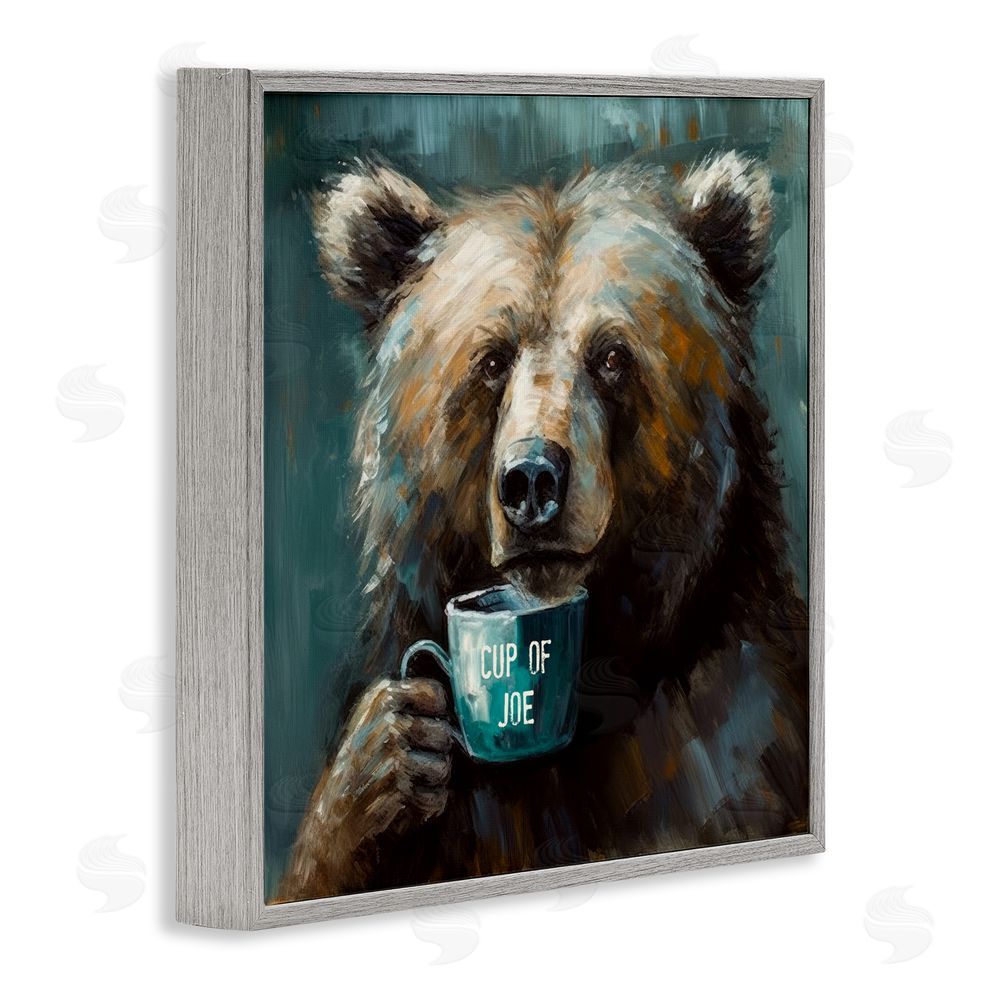 Tina LeCour Bear with Cup Of Joe Gray Framed Giclee Wall Art Print