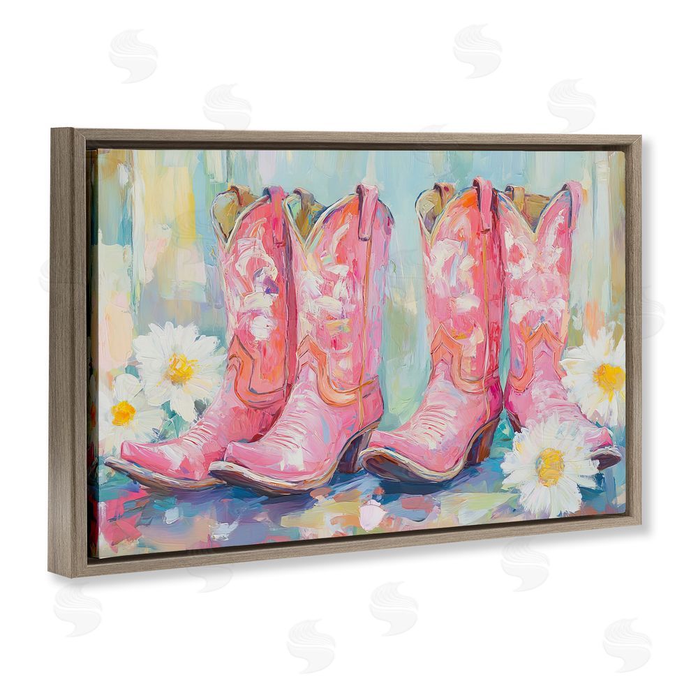 Tina LeCour Pink Cowgirl Boots Pairs Brown Floating Frame Canvas Wall Art Print