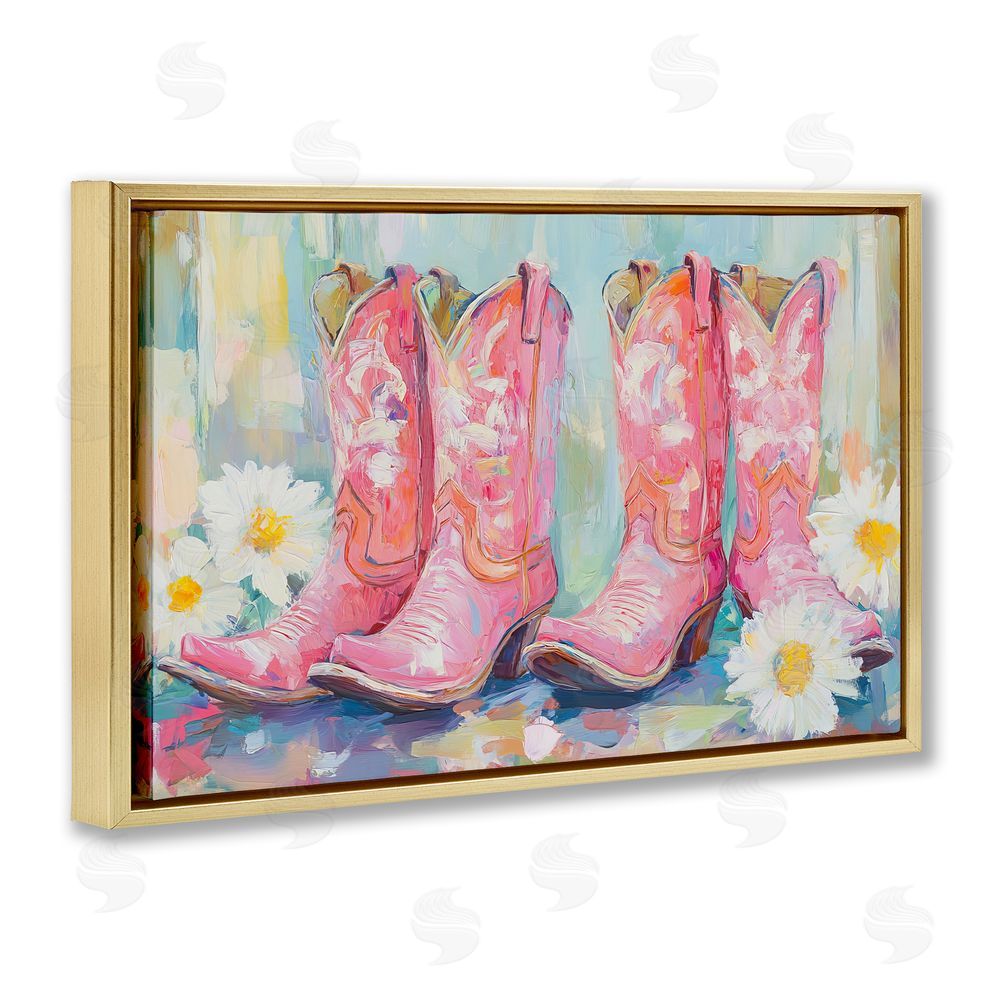 Tina LeCour Pink Cowgirl Boots Pairs Gold Floating Frame Canvas Wall Art Print