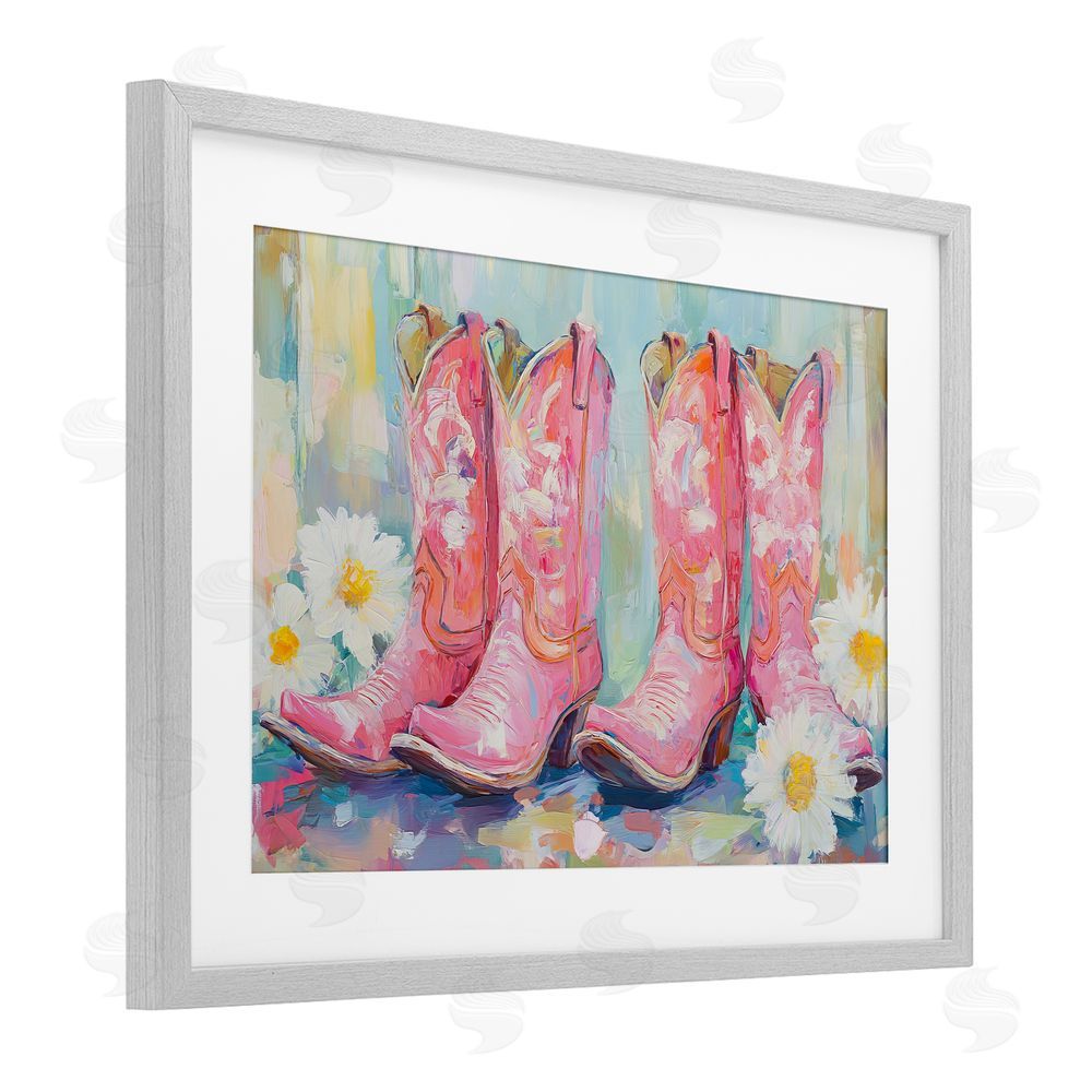 Tina LeCour Pink Cowgirl Boots Pairs Gray Framed Print Under Glass Wall Art
