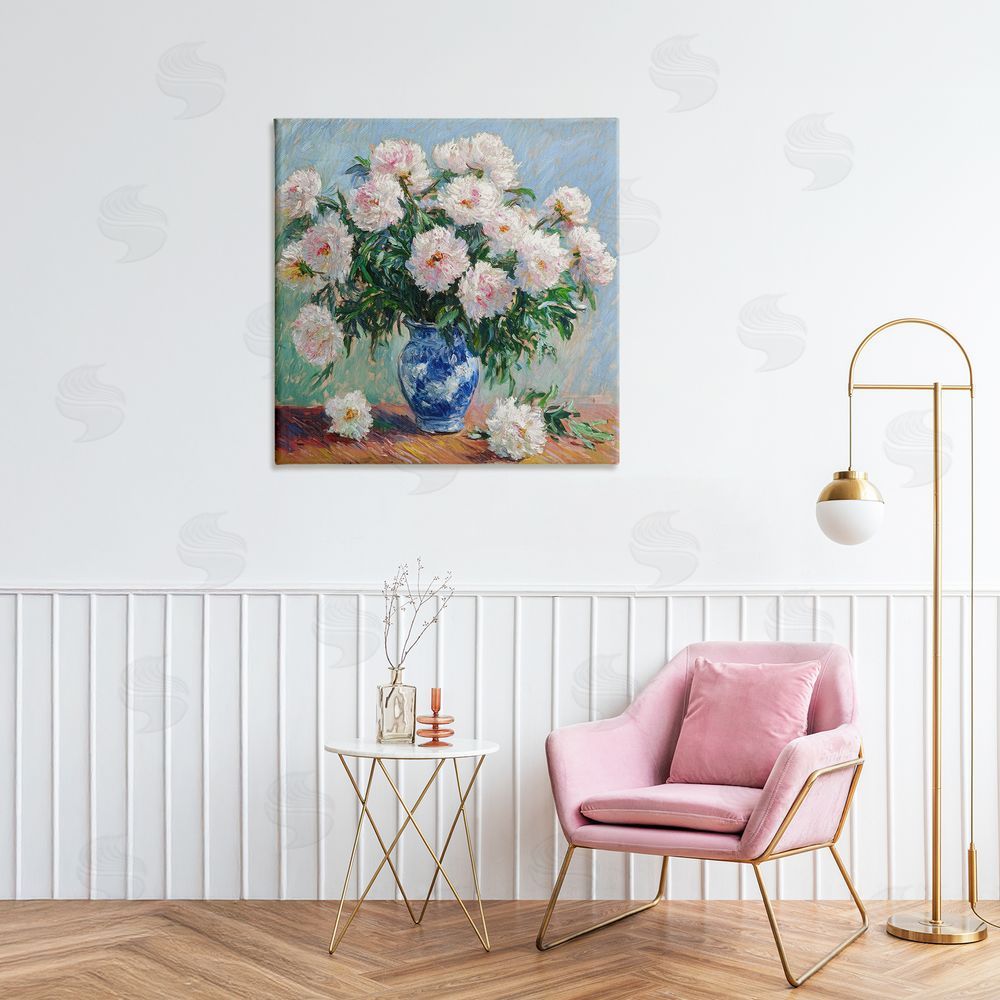 Tina LeCour Peonies in Blue Vase Stretched Canvas Wall Art Print in Room