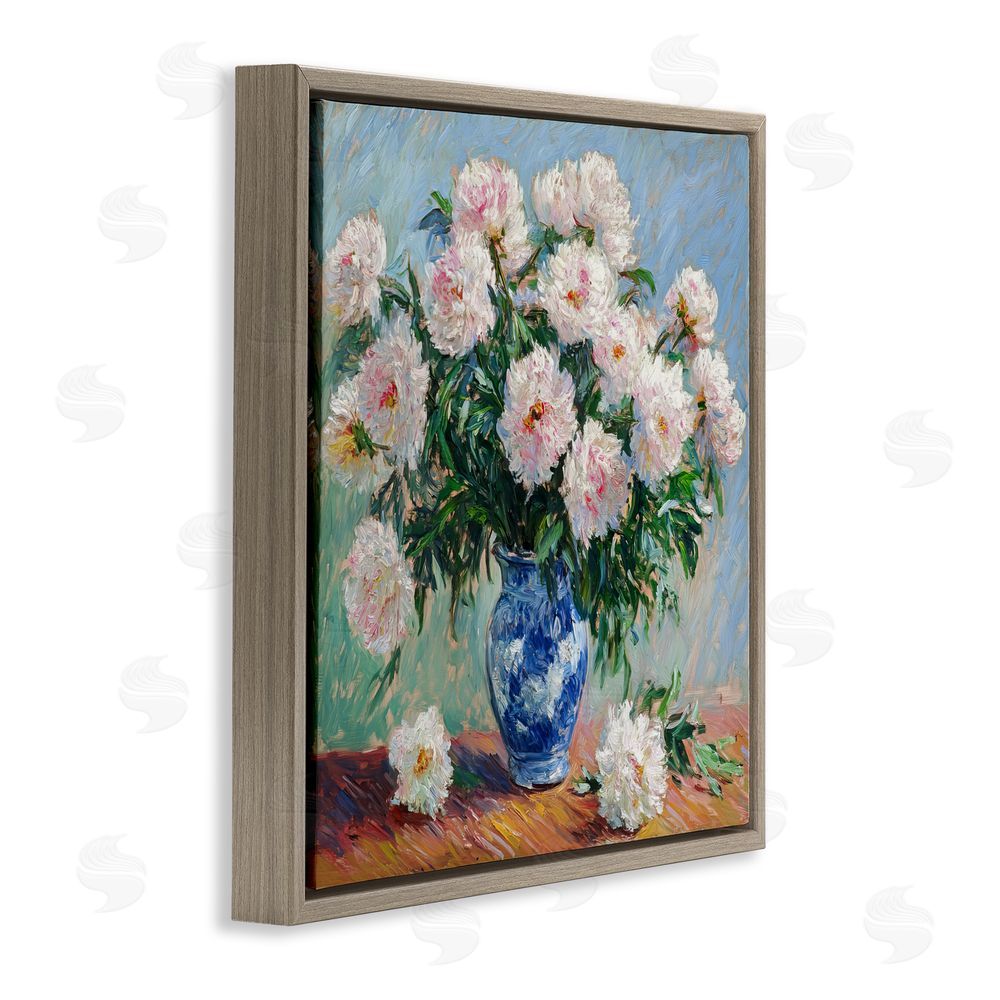 Tina LeCour Peonies in Blue Vase Brown Floating Frame Canvas Wall Art Print