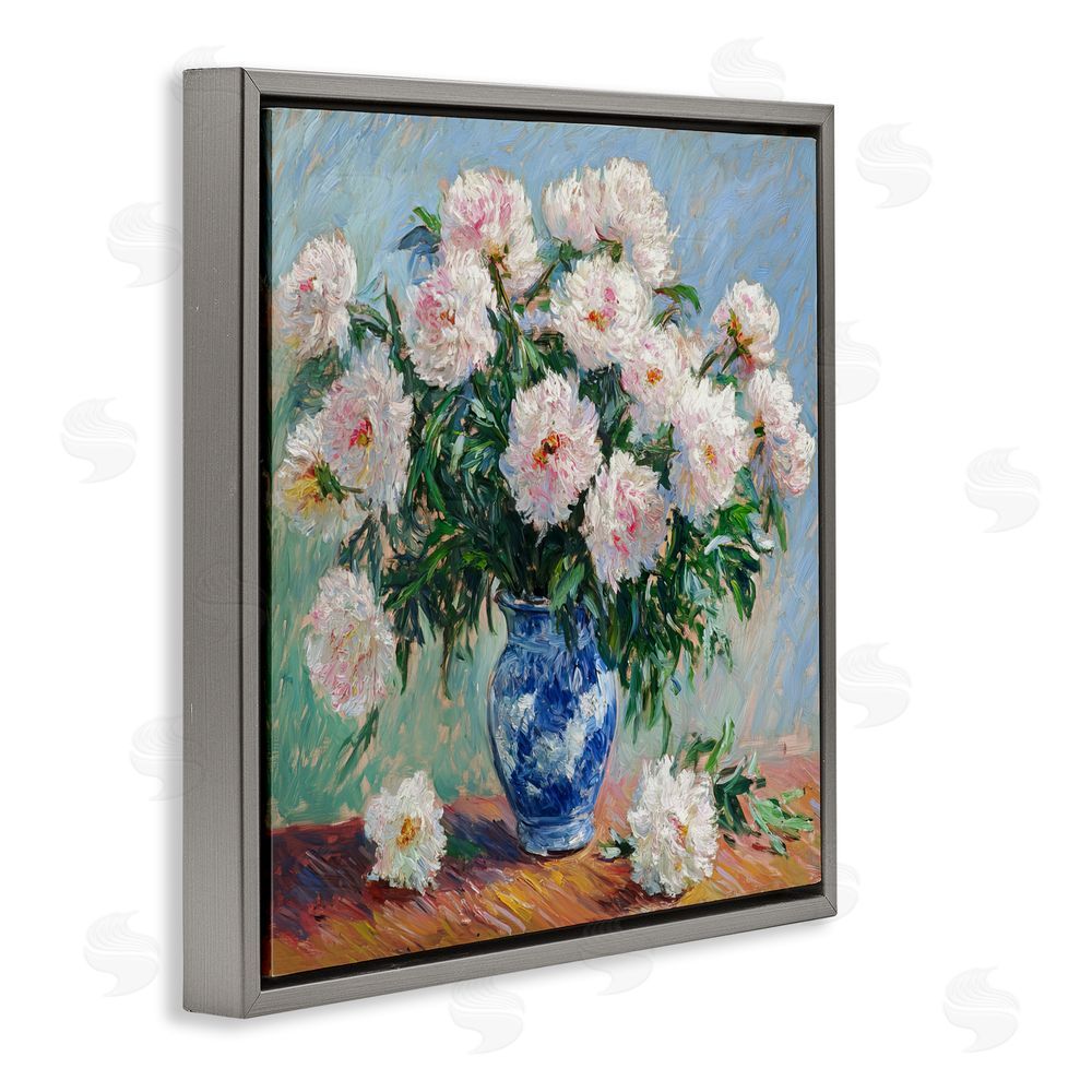Tina LeCour Peonies in Blue Vase Gray Floating Frame Canvas Wall Art Print
