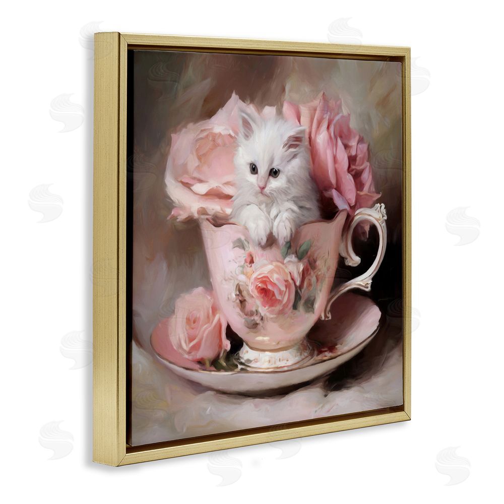 Tina LeCour Little Teacup Kitten Gold Floating Frame Canvas Wall Art