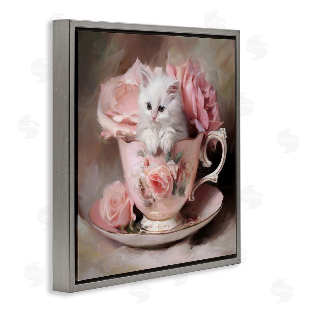 Tina LeCour Little Teacup Kitten Gray Floating Frame Canvas Wall Art