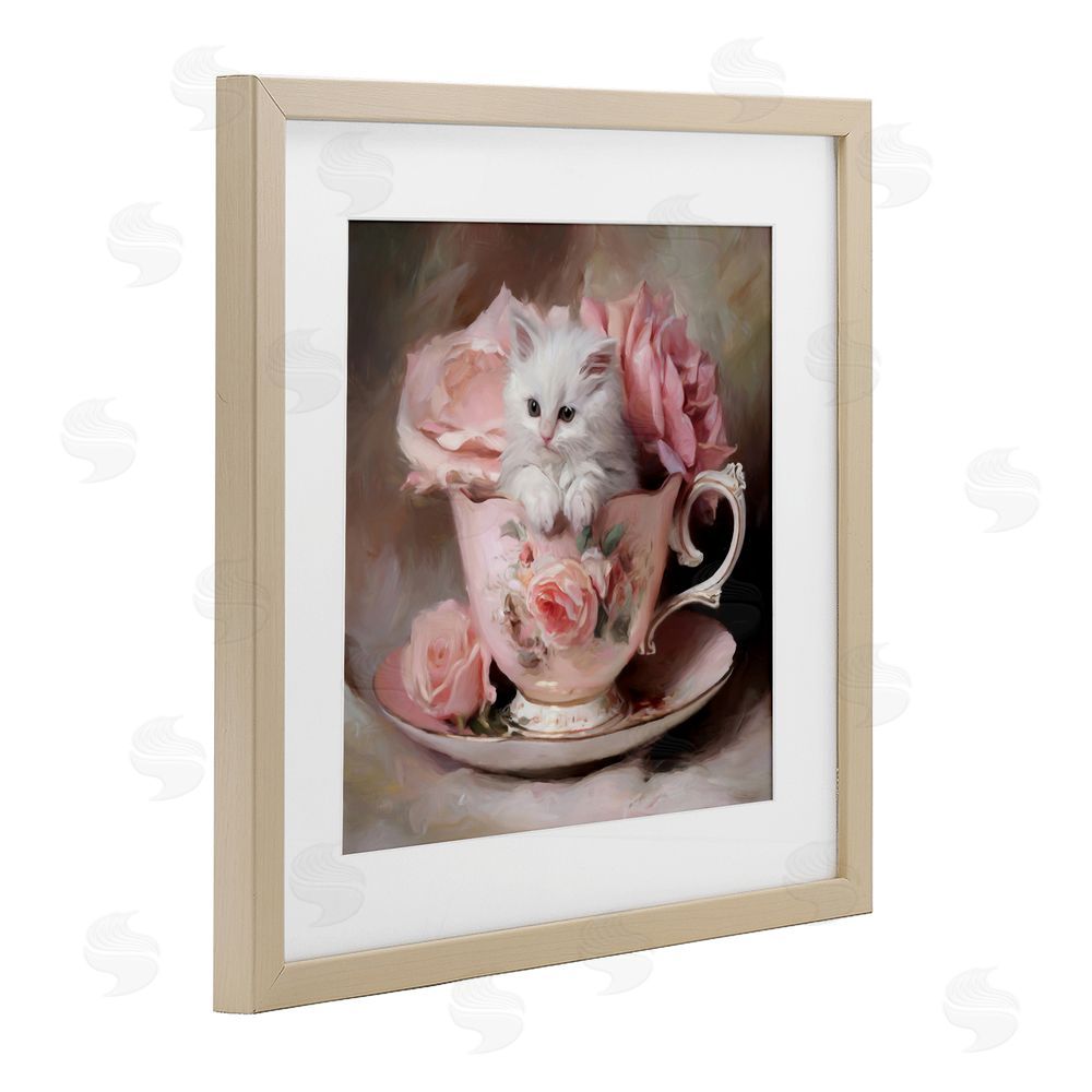 Tina LeCour Little Teacup Kitten Brown Framed Print Under Glass with Mat Wall Art