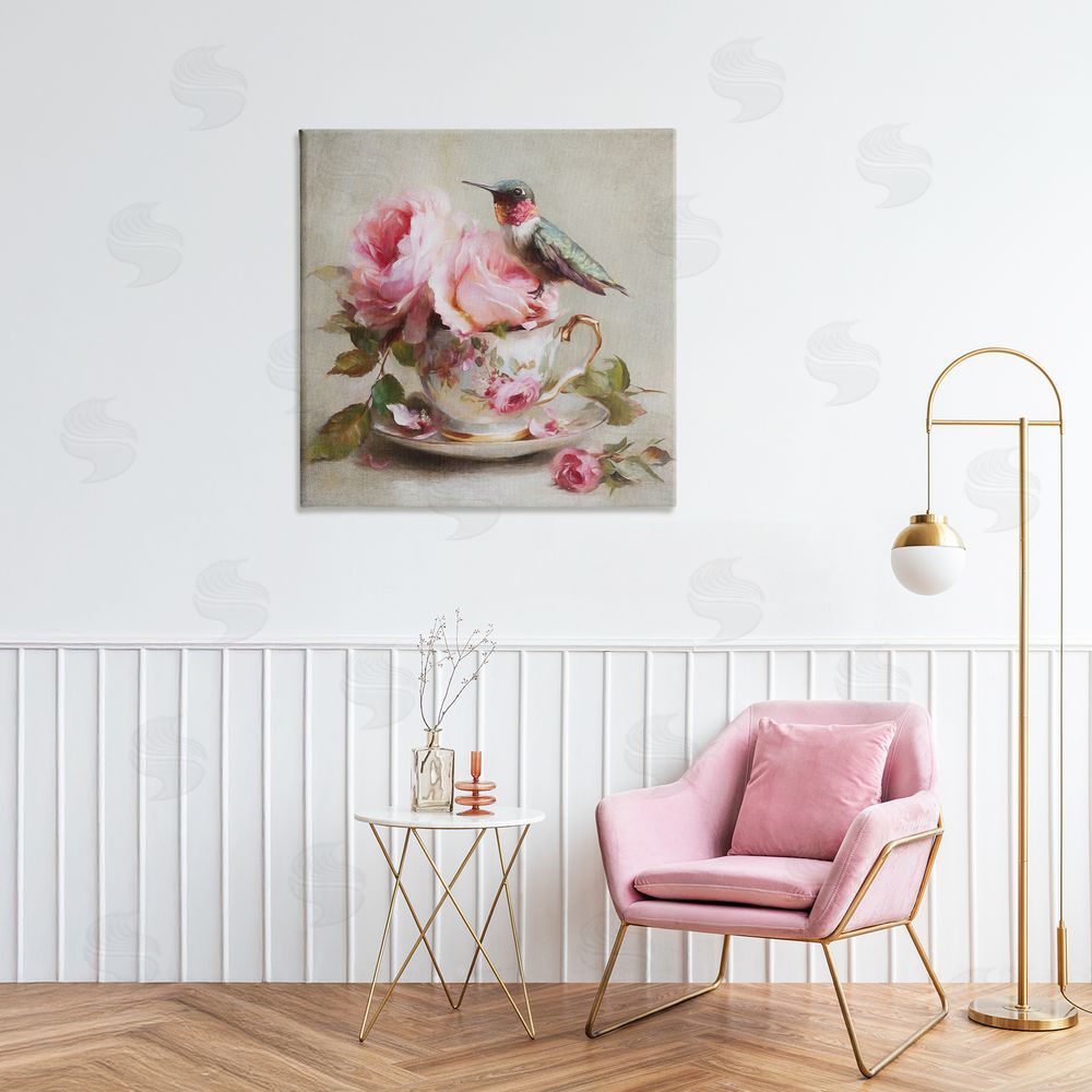 Tina LeCour Hummingbird & Tea Cup Stretched Canvas Wall Art in Room