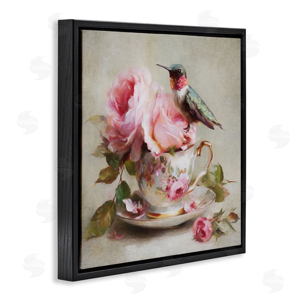Tina LeCour Hummingbird & Tea Cup Black Floating Frame Canvas Wall Art