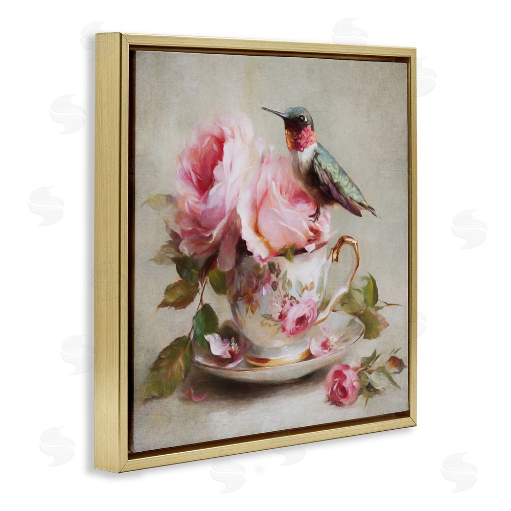 Tina LeCour Hummingbird & Tea Cup Gold Floating Frame Canvas Wall Art