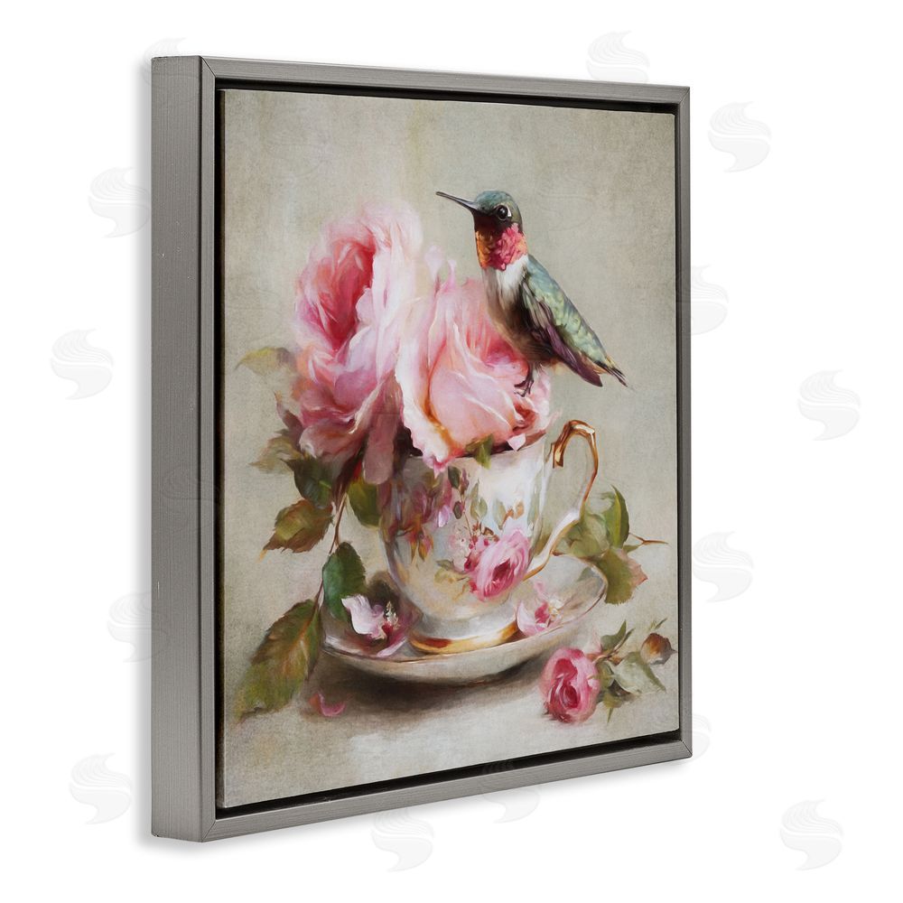 Tina LeCour Hummingbird & Tea Cup Gray Floating Frame Canvas Wall Art