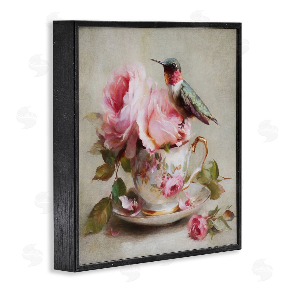 Tina LeCour Hummingbird & Tea Cup Blacked Framed Giclee Wall Art Print