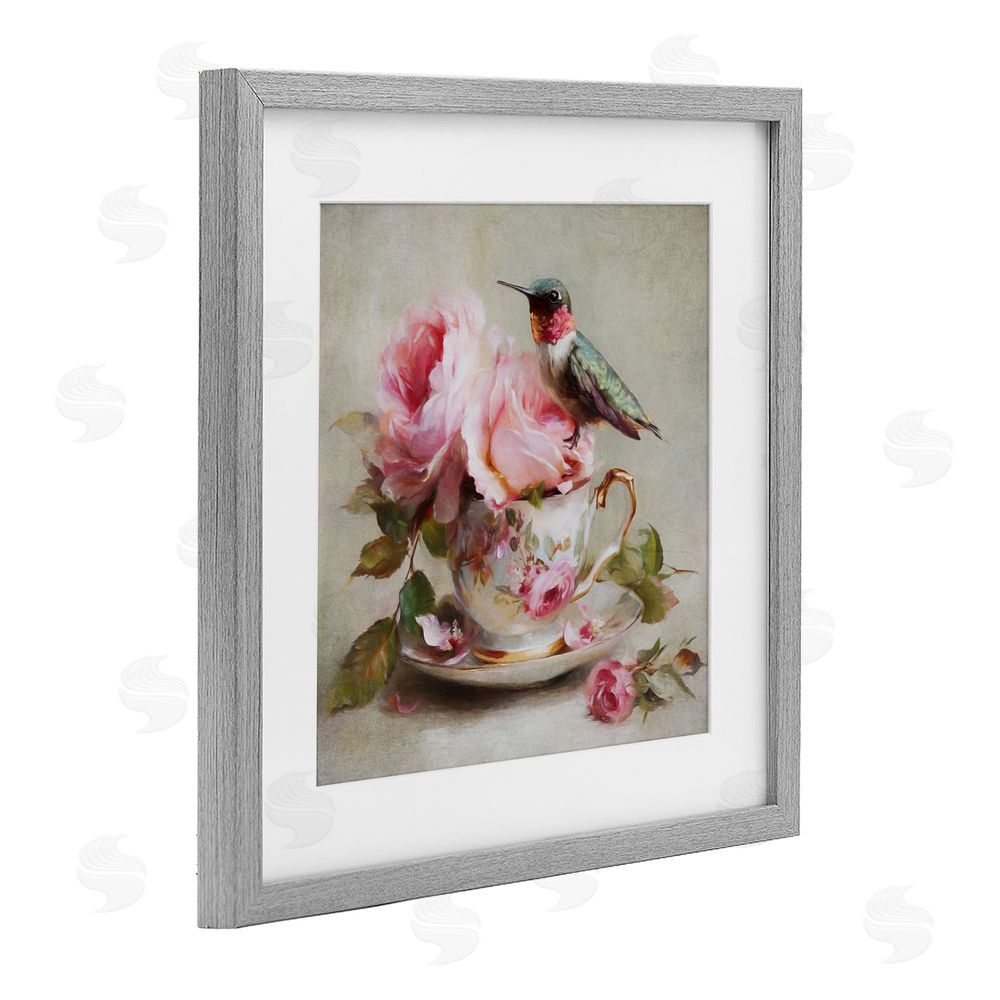 Tina LeCour Hummingbird & Tea Cup Gray Framed Print Under Glass with Mat Wall Art