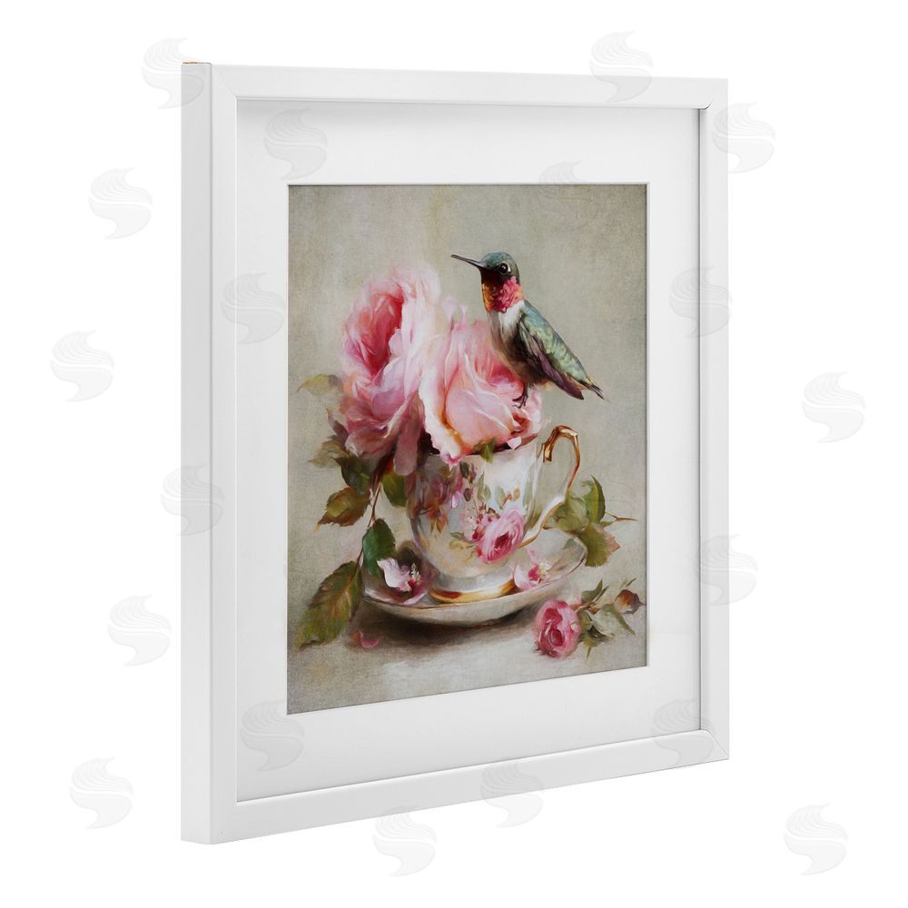 Tina LeCour Hummingbird & Tea Cup White Framed Print Under Glass with Mat Wall Art