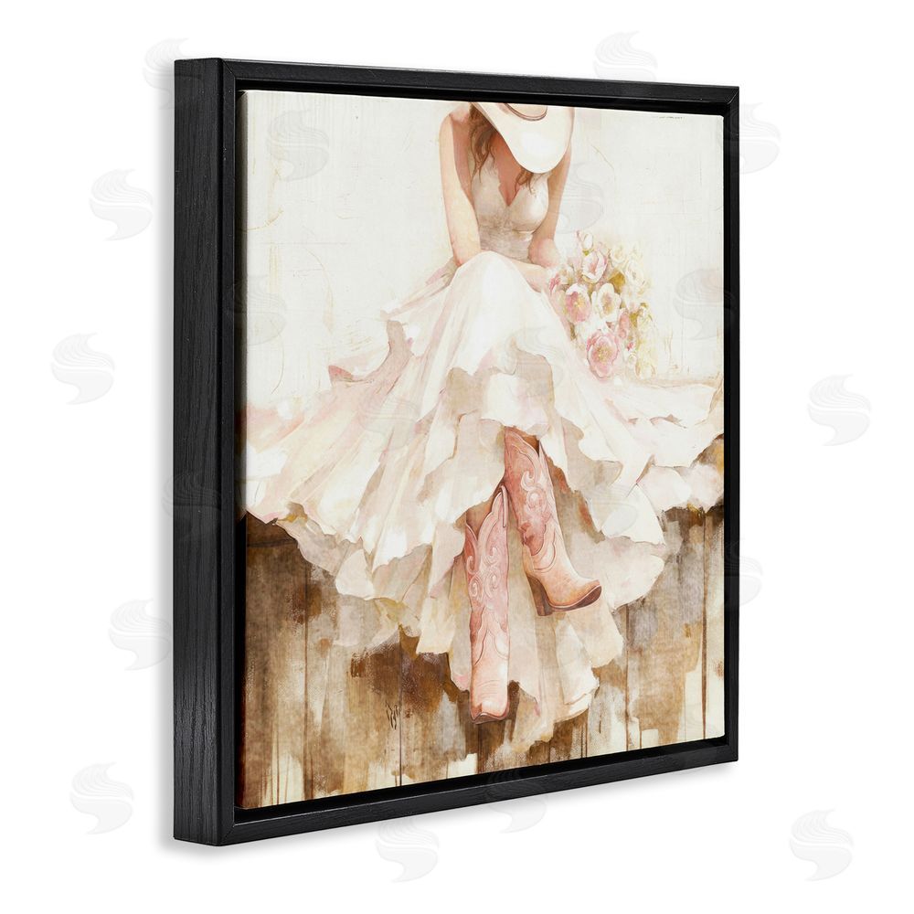 Tina LeCour Cowgirl On The Fence Black Floating Frame Wall Art Print