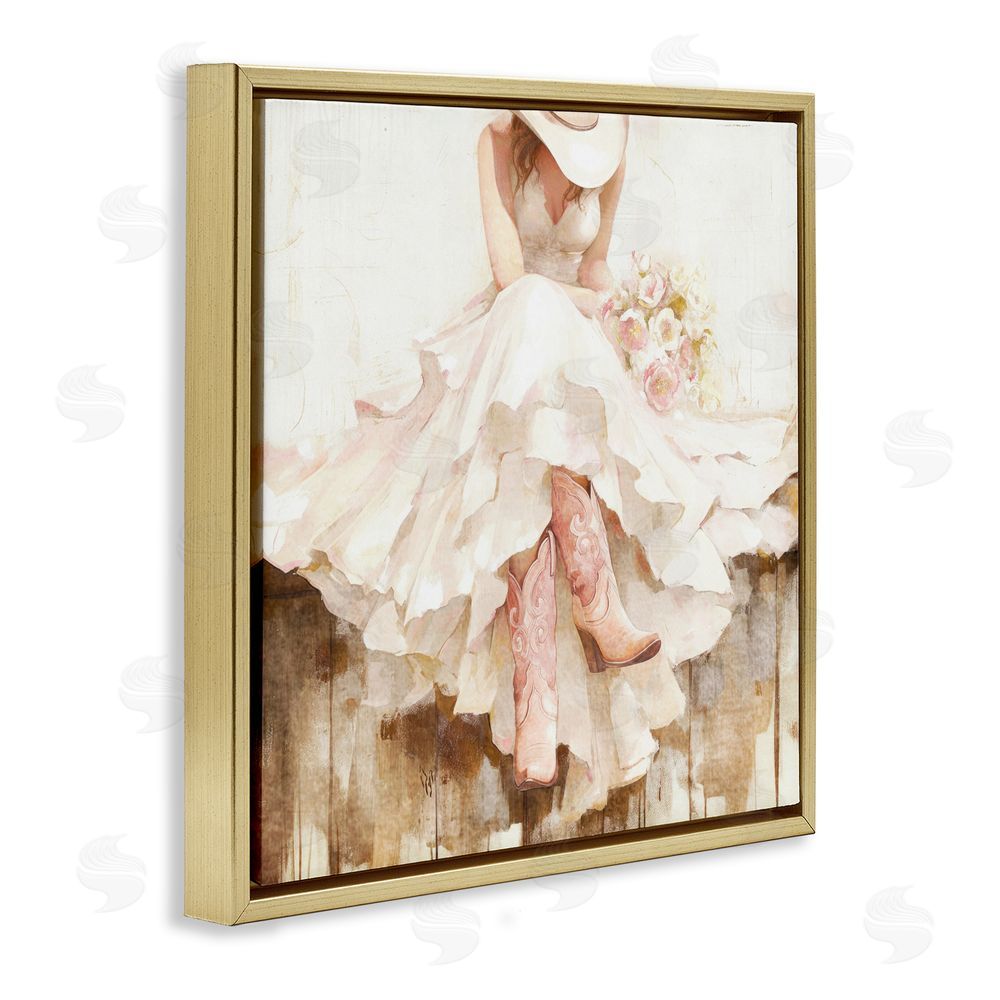 Tina LeCour Cowgirl On The Fence Gold Floating Frame Wall Art Print