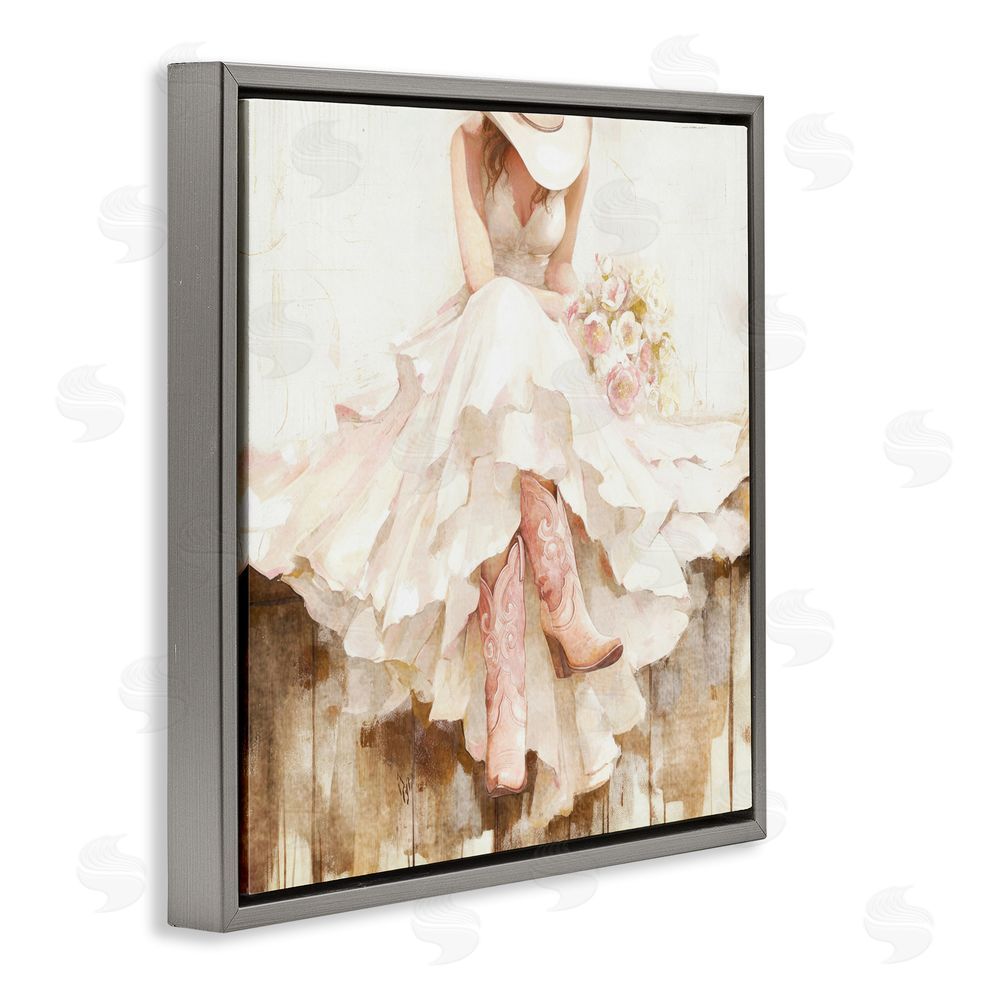 Tina LeCour Cowgirl On The Fence Gray Floating Frame Wall Art Print