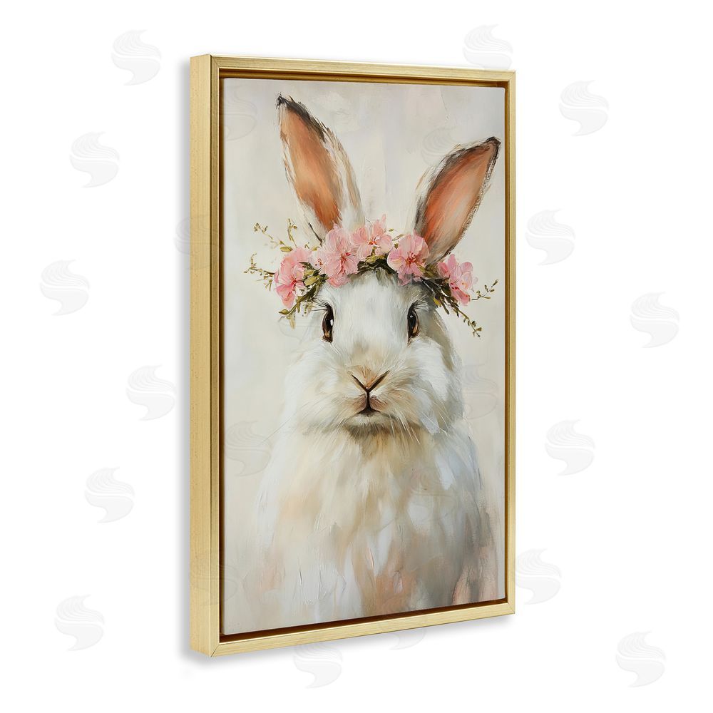 Tina LeCour Bunnykins with Pink Crown Gold Floating Frame Canvas Wall Art Print