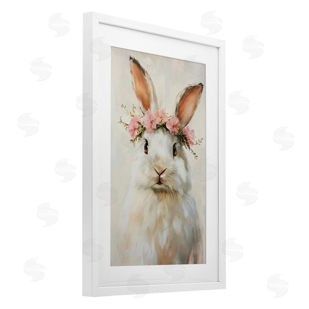 Tina LeCour Bunnykins with Pink Crown White Framed Print Under Glass Wall Art