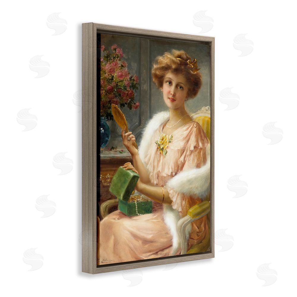Tina LeCour Young Lady with Mirror Brown Floating Frame Canvas Wall Art Print
