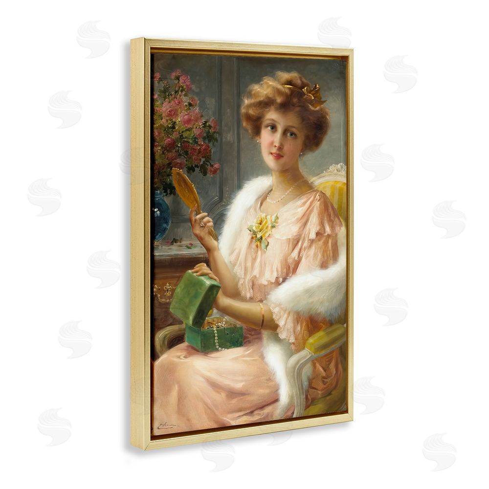 Tina LeCour Young Lady with Mirror Gold Floating Frame Canvas Wall Art Print