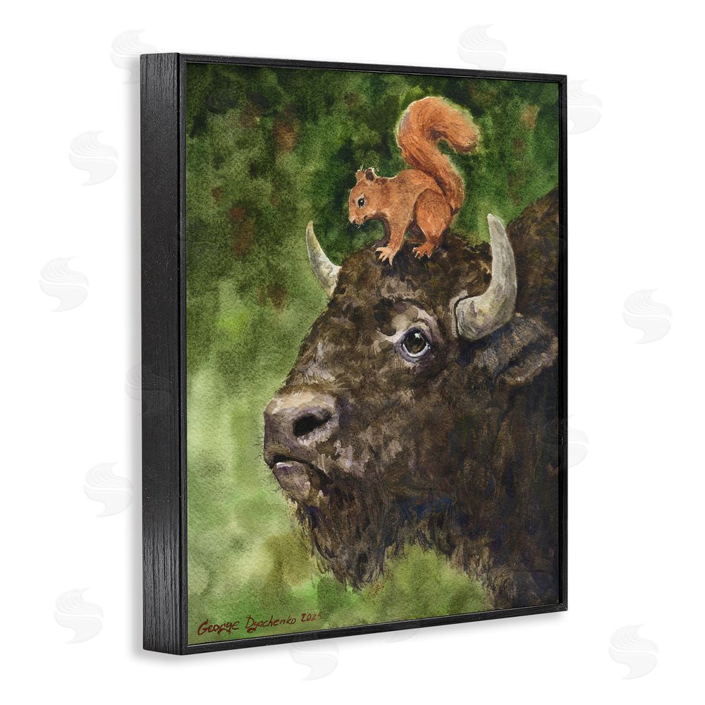 George Dyachenko Bison & Squirrel Duo Black Framed Giclee Wall Art Print