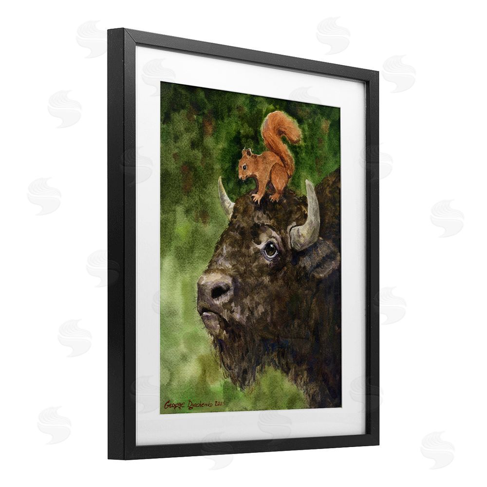 George Dyachenko Bison & Squirrel Duo Black Framed Print Under Glass Wall Art