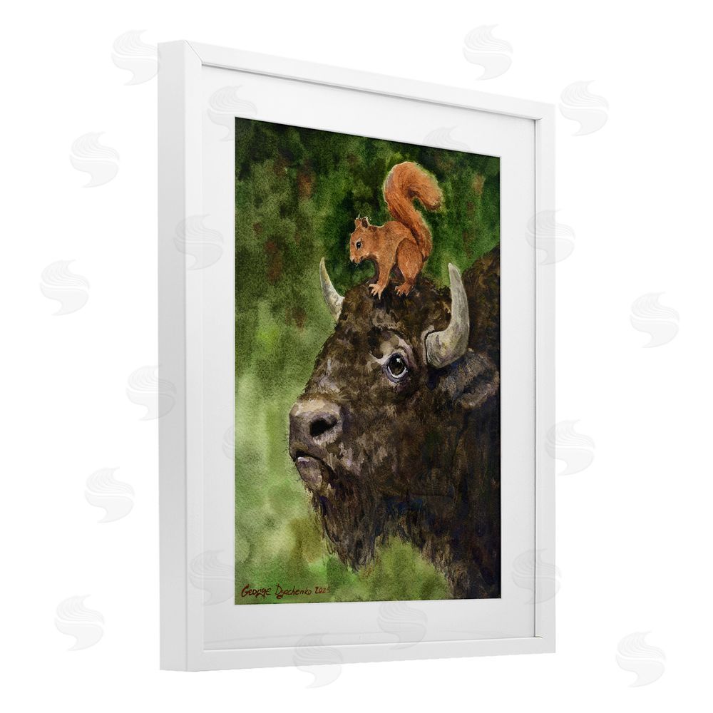 George Dyachenko Bison & Squirrel Duo White Framed Print Under Glass Wall Art