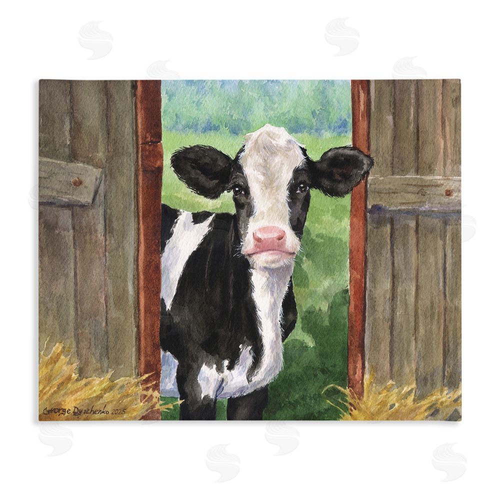 George Dyachenko Cow in Wooden Gate Stretched Canvas Wall Art Print