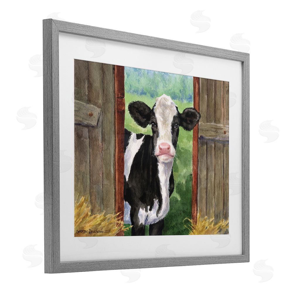 George Dyachenko Cow in Wooden Gate Gray Framed Print Under Glass Wall Art