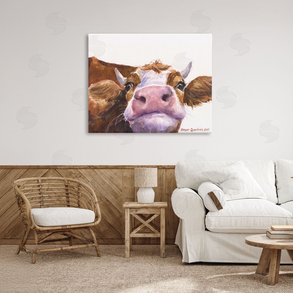 George Dyachenko Cute Cow Close Up Stretched Canvas Wall Art Print in Room