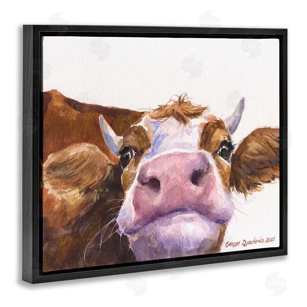 George Dyachenko Cute Cow Close Up Black Floating Frame Wall Art Print