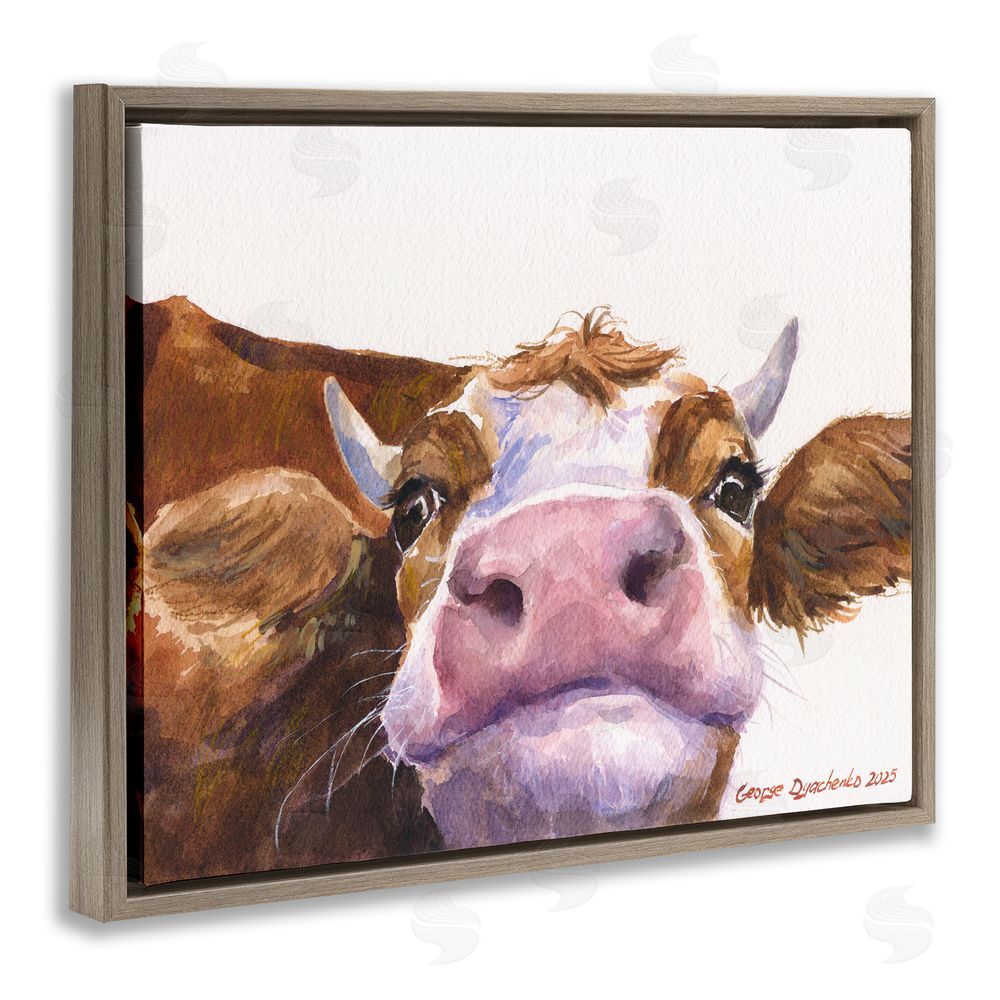 George Dyachenko Cute Cow Close Up Brown Floating Frame Wall Art Print