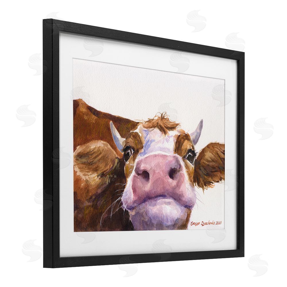 George Dyachenko Cute Cow Close Up Black Framed Print Under Glass Wall Art