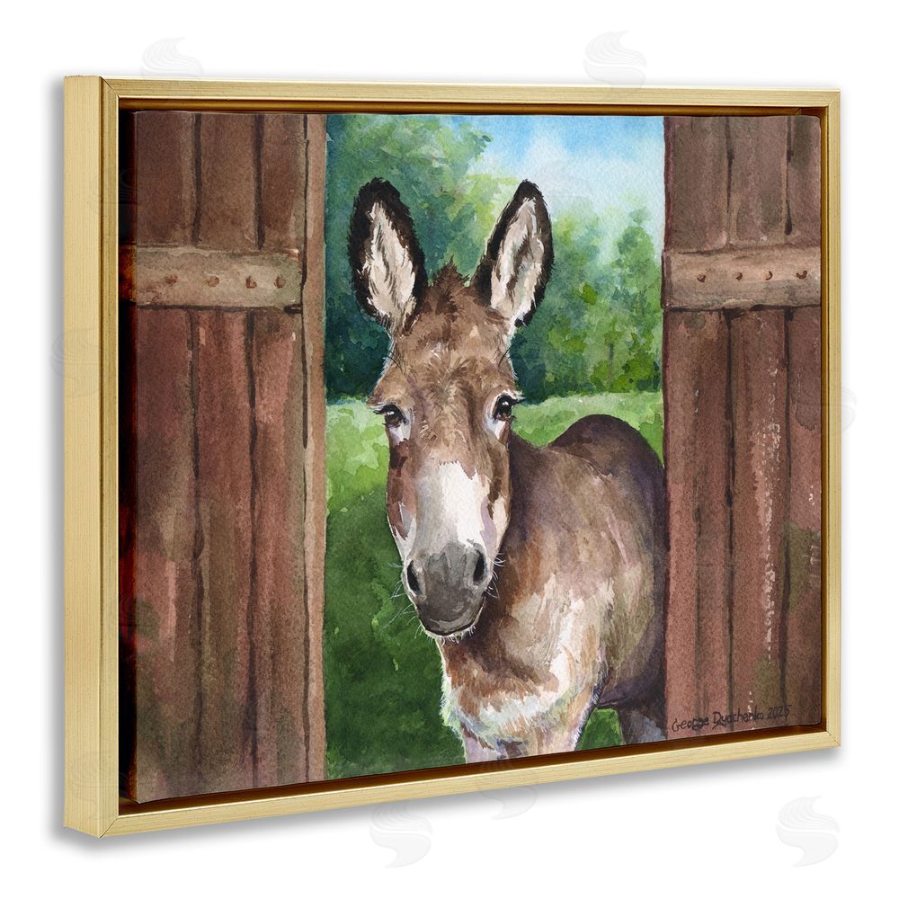 George Dyachenko Donkey in Wooden Gate Gold Floating Frame Canvas Wall Art
