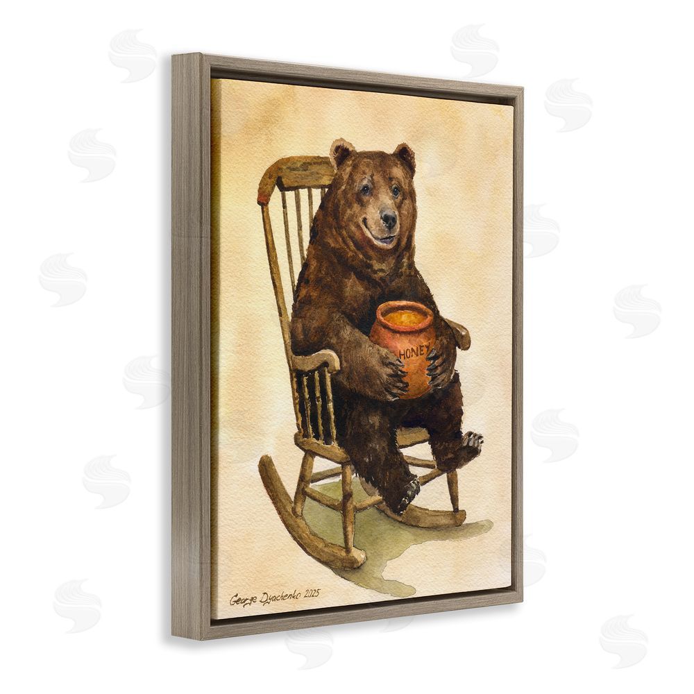 George Dyachenko Happy Bear & Pot of Honey Brown Floating Frame Canvas Wall Art Print