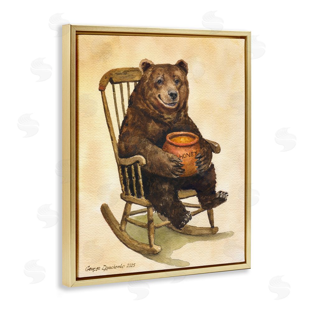 George Dyachenko Happy Bear & Pot of Honey Gold Floating Frame Canvas Wall Art Print