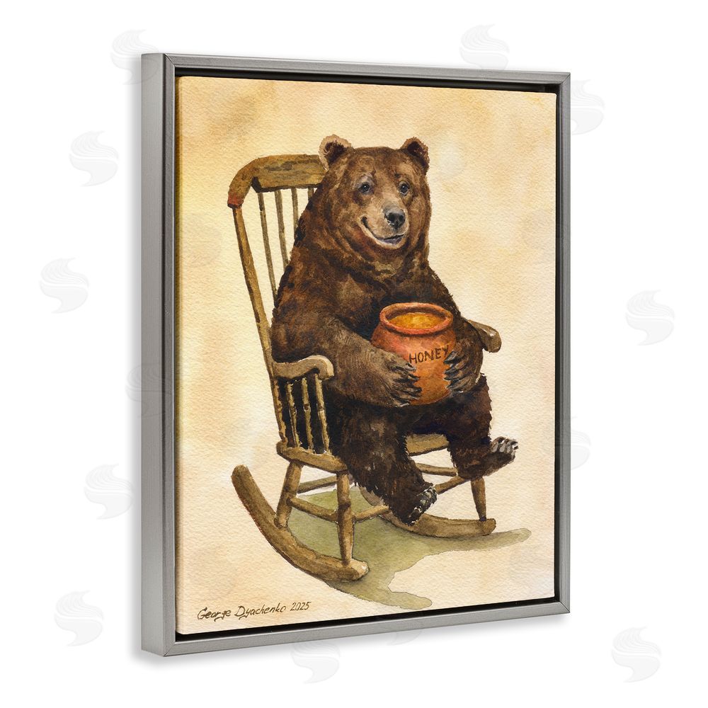 George Dyachenko Happy Bear & Pot of Honey Gray Floating Frame Canvas Wall Art Print