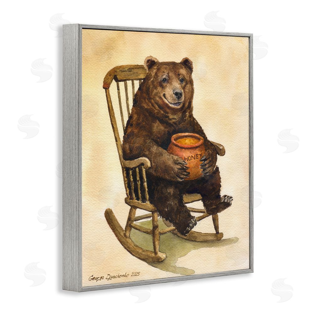 George Dyachenko Happy Bear & Pot of Honey Gray Framed Giclee Wall Art Print
