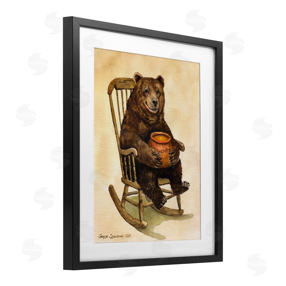 George Dyachenko Happy Bear & Pot of Honey Black Framed Print Under Glass Wall Art