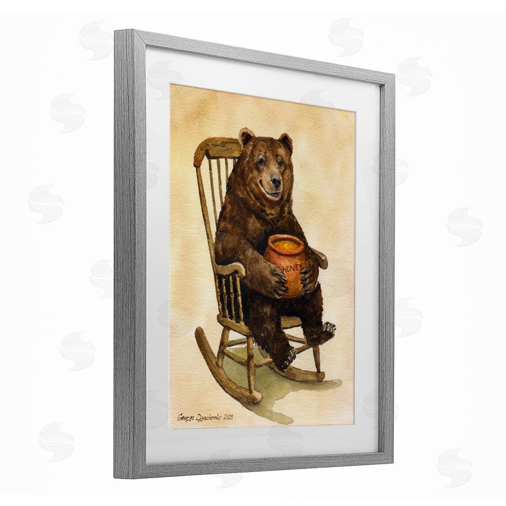 George Dyachenko Happy Bear & Pot of Honey Gray Framed Print Under Glass Wall Art
