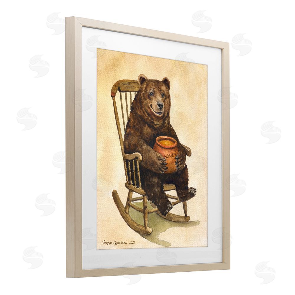 George Dyachenko Happy Bear & Pot of Honey Brown Framed Print Under Glass Wall Art