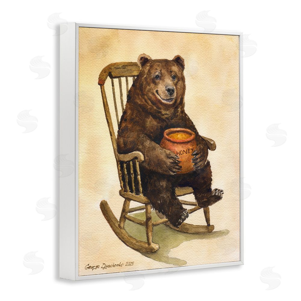George Dyachenko Happy Bear & Pot of Honey White Framed Giclee Wall Art Print