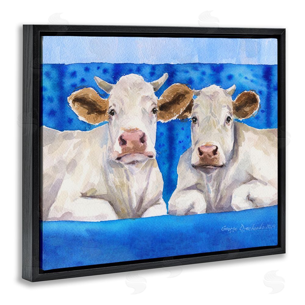 George Dyachenko White Cows on Blue Sofa Black Floating Frame Canvas Wall Art Print