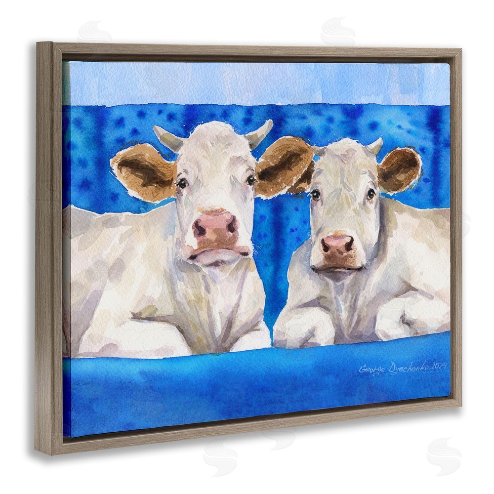 George Dyachenko White Cows on Blue Sofa Brown Floating Frame Canvas Wall Art Print