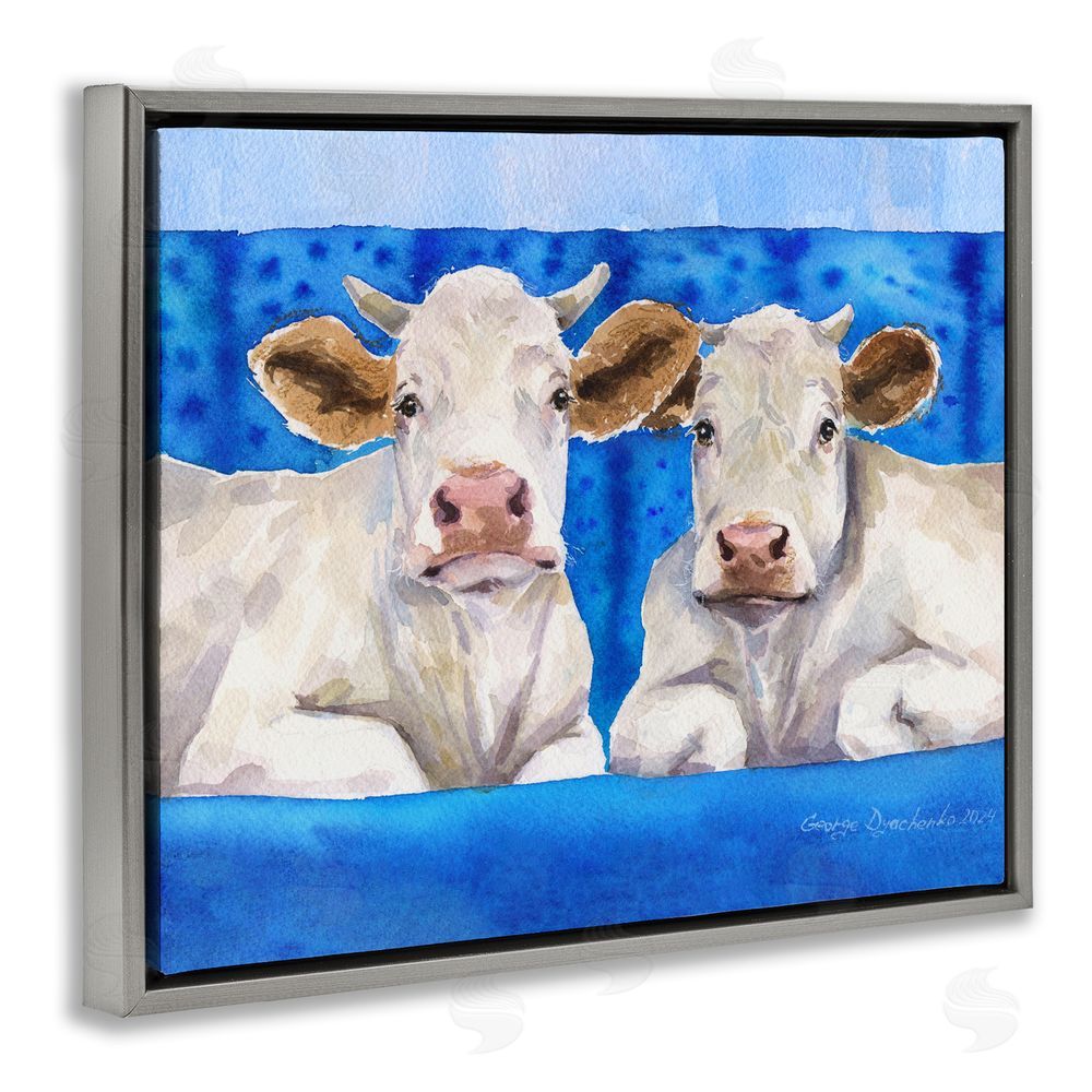 George Dyachenko White Cows on Blue Sofa Gray Floating Frame Canvas Wall Art Print