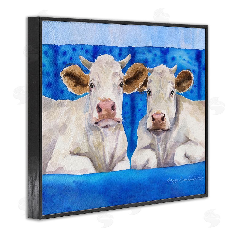 George Dyachenko White Cows on Blue Sofa Black Framed Giclee Wall Art Print
